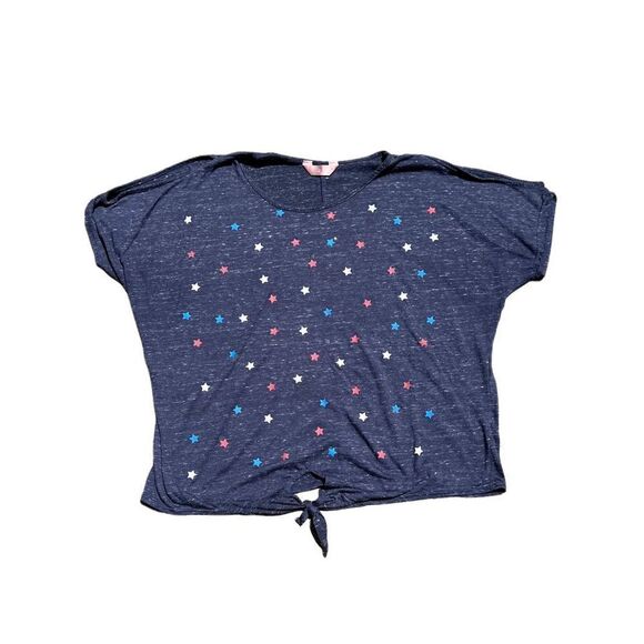 SJS Red, White, & Blue Stared Blouse W/Slitted Shoulders & Tie Waist Size XL - Picture 1 of 4